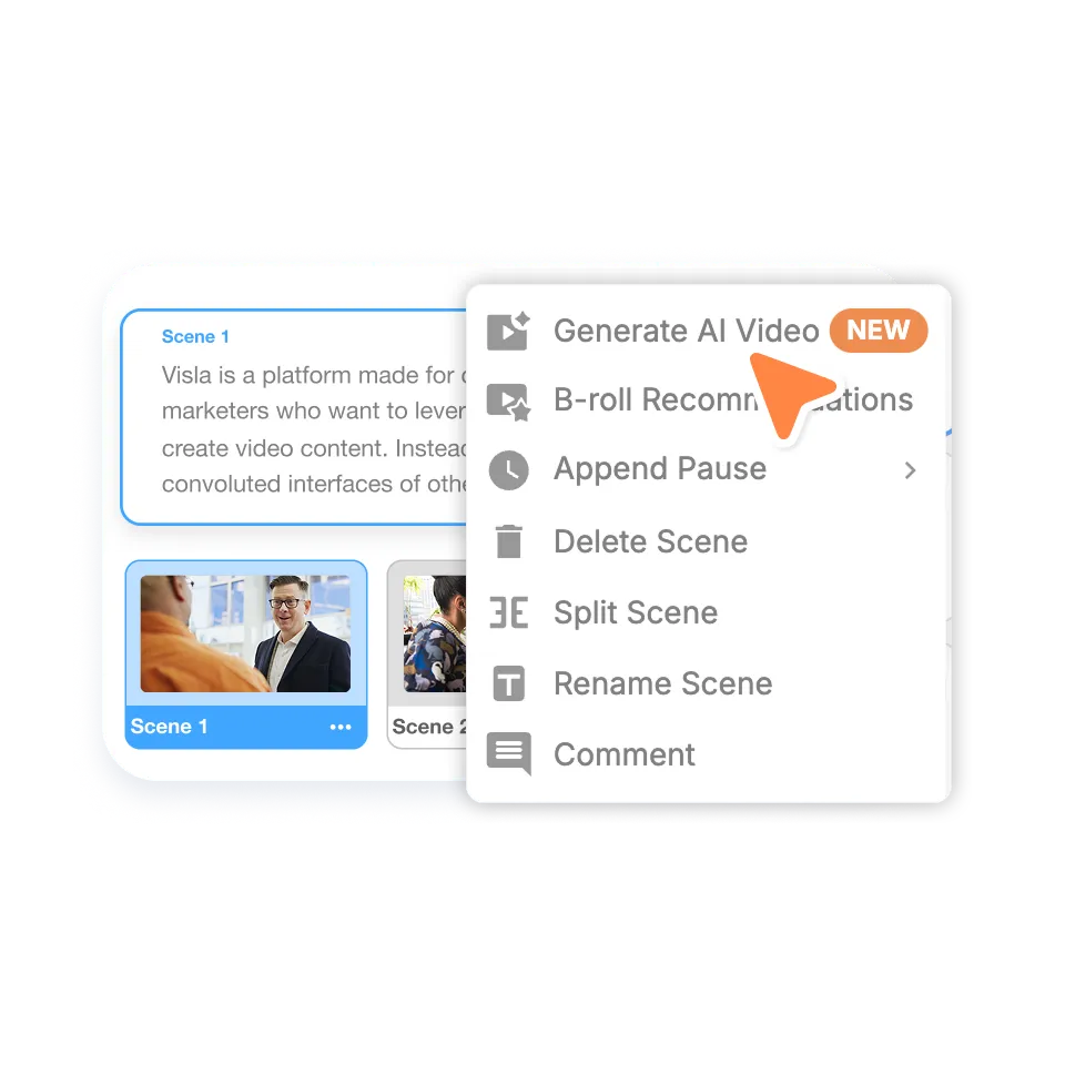 Open the scene options menu in Visla to generate AI b-roll video