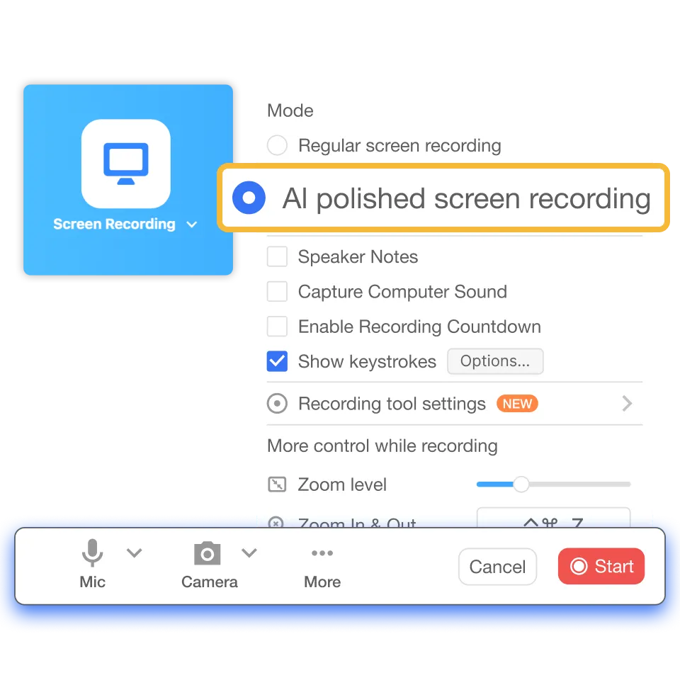 Start screen recording using AI polished mode in Visla for automatic cleanup and subtitles