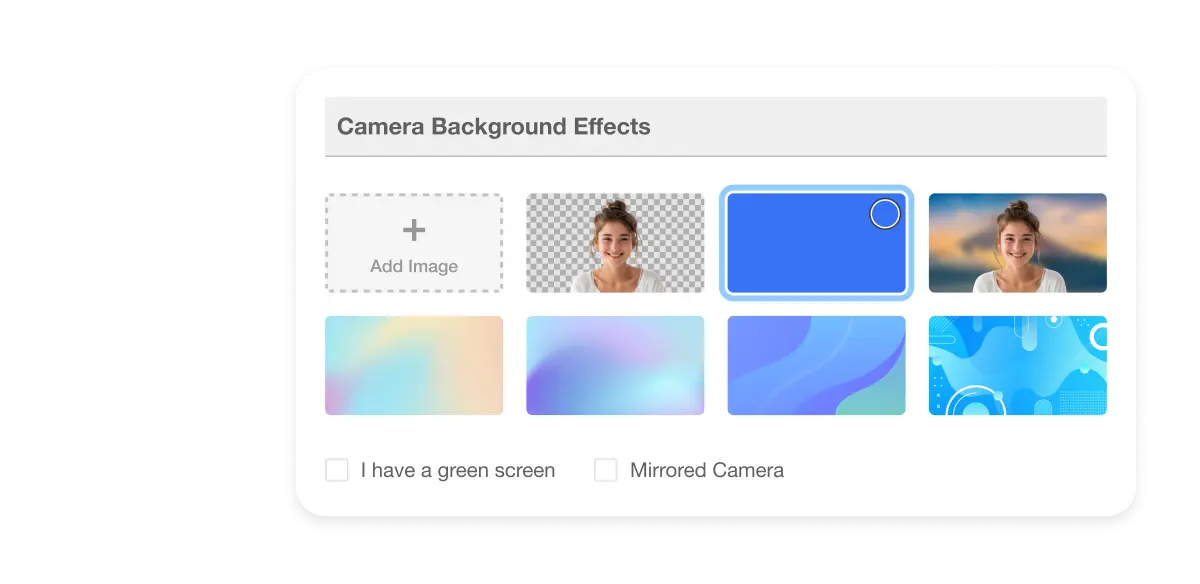 Virtual Backround Options Selection of Virtual Camera Background options including green screens ...