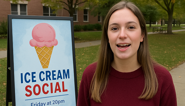 Student leader promoting an event using AI video creation tool for campuses to turn posters into engaging video announcements