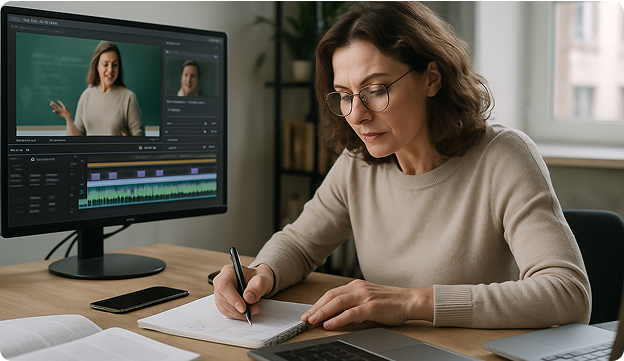 Teacher using AI video tools for educators to create engaging lessons with avatars and visual aid
