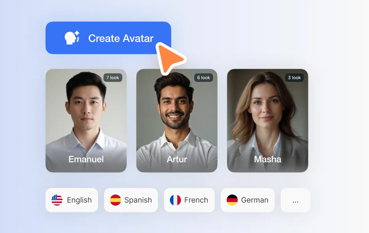 Create a custom AI Avatar from a prompt or photo and use it in any video. Pair it with realistic voices or your own voice clone for a consistent on-camera presence without filming.