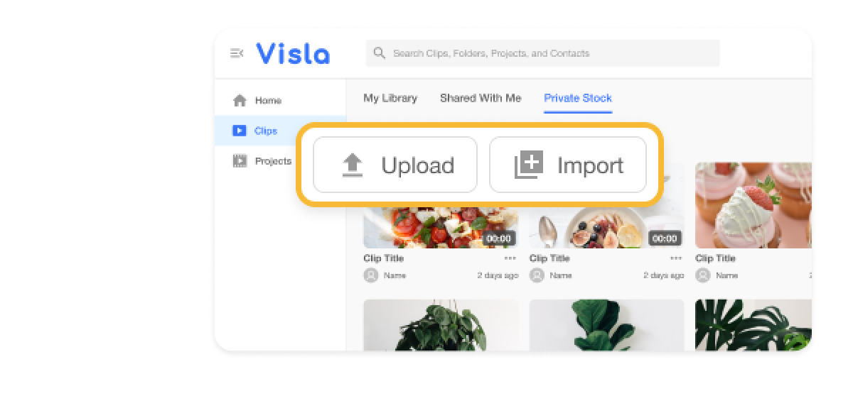 Visla Private Stock interface showing options to Upload or Import media, simplifying content management directly from devices or YouTube into the Visla library.