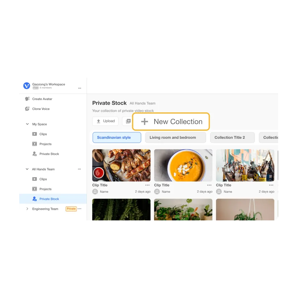 Visla interface showing the creation of a new Private Stock Collection with a naming field and example labels