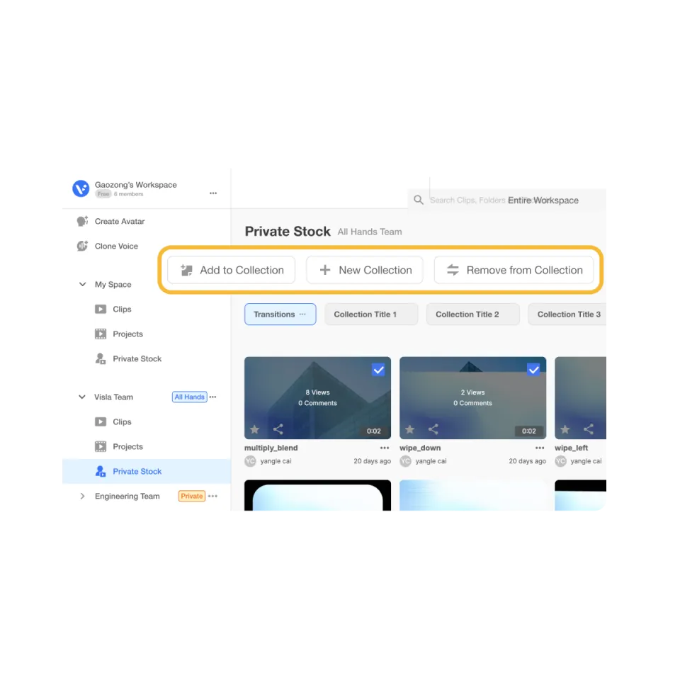 Visla interface showing clips selected with checkboxes being added to a Private Stock Collection