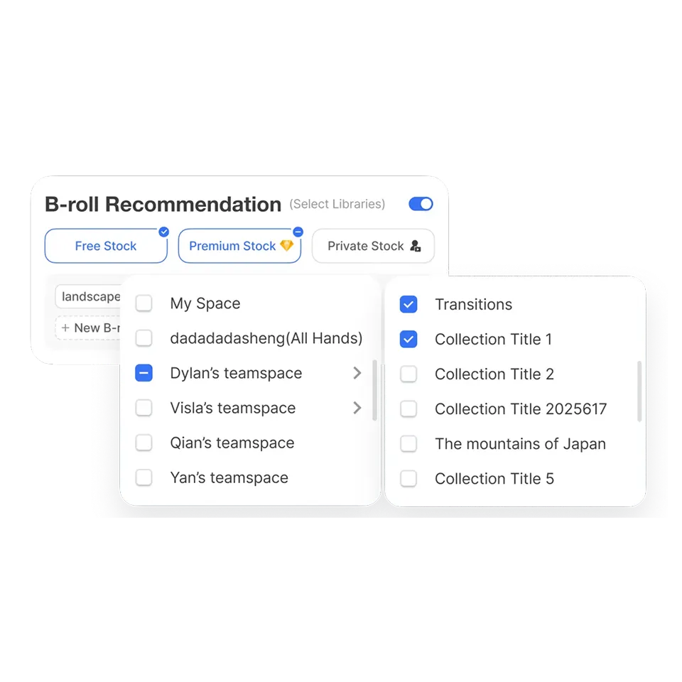 Visla AI Video Agent interface pulling b-roll footage from selected Private Stock Collections