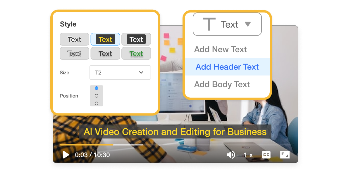 Step-by-step guide on using Video Text Overlay feature by Visla, illustrating the customization of text overlays on video projects with options for style, size, and position.