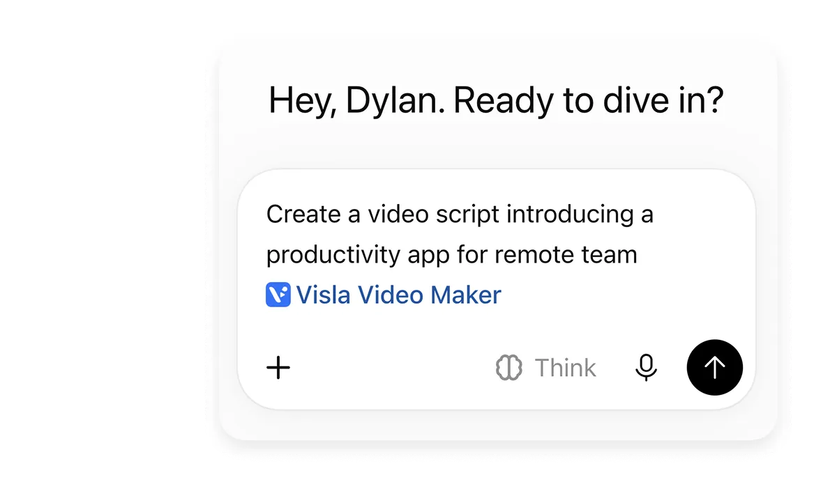 ChatGPT message composer with Visla Video Maker selected to create a video from a script.