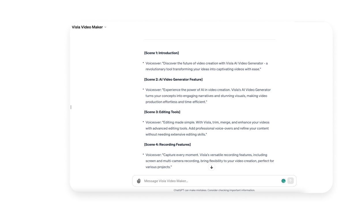 Voiceover script writing service offered by Visla Video Maker GPT with an emphasis on engaging narratives.