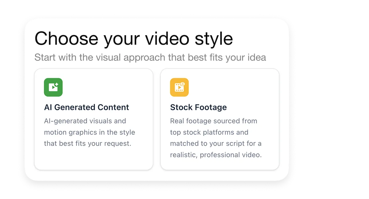 Visla Video Maker style selection screen showing AI Generated Content and Stock Footage options.