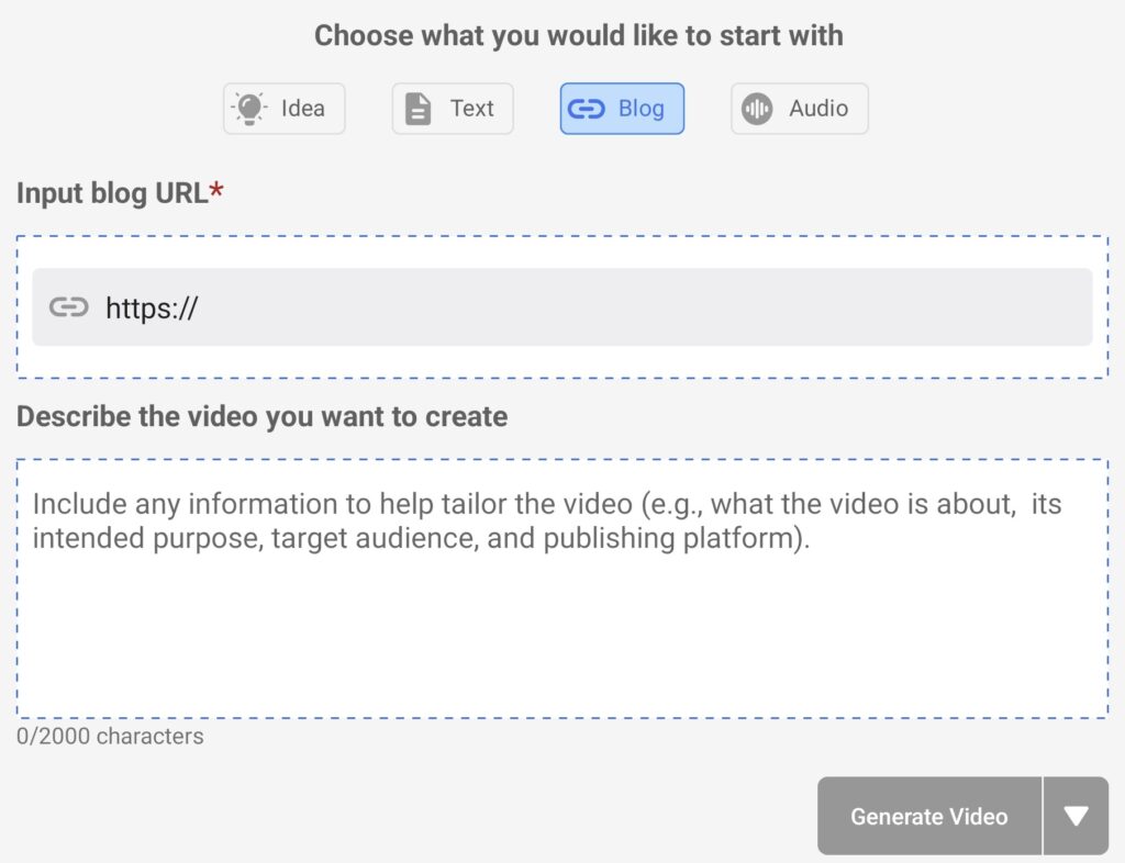 A cropped screenshot of the Visla app's "blog" video generation text box