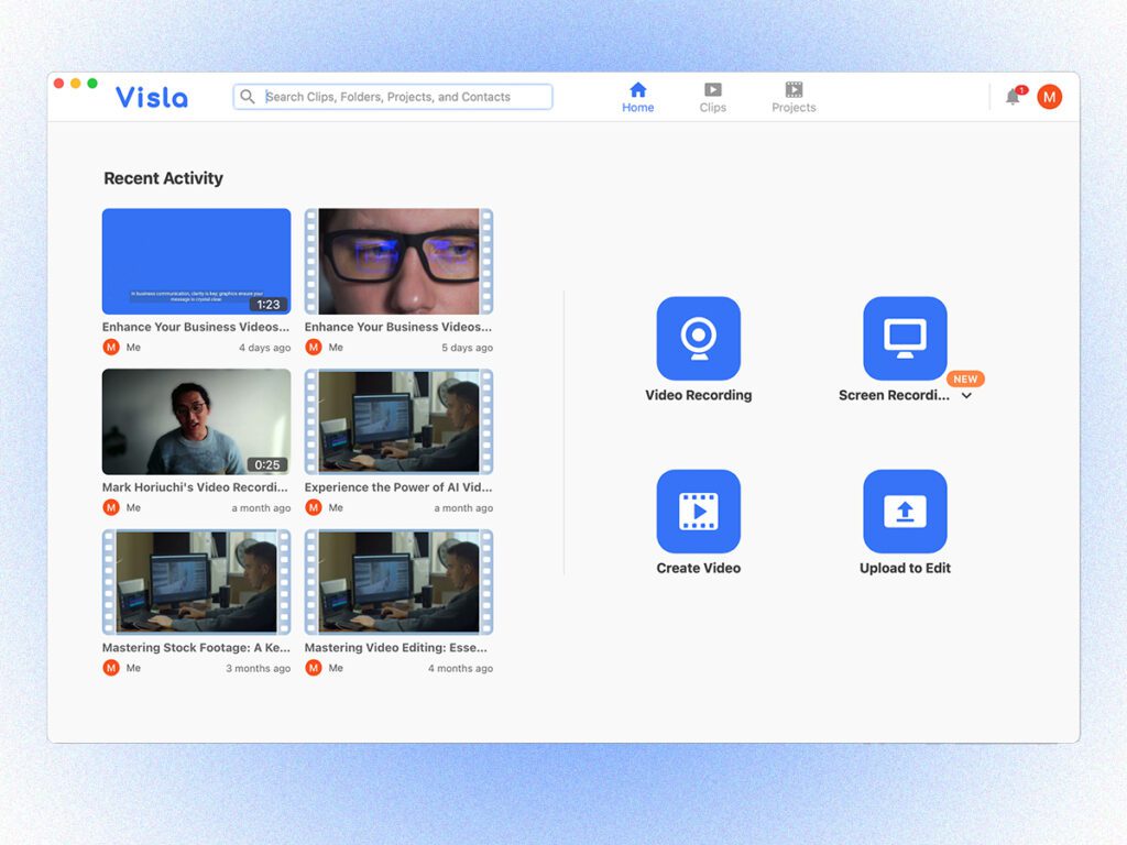A screenshot of the main desktop interface of Visla, an AI-powered video production platform. 