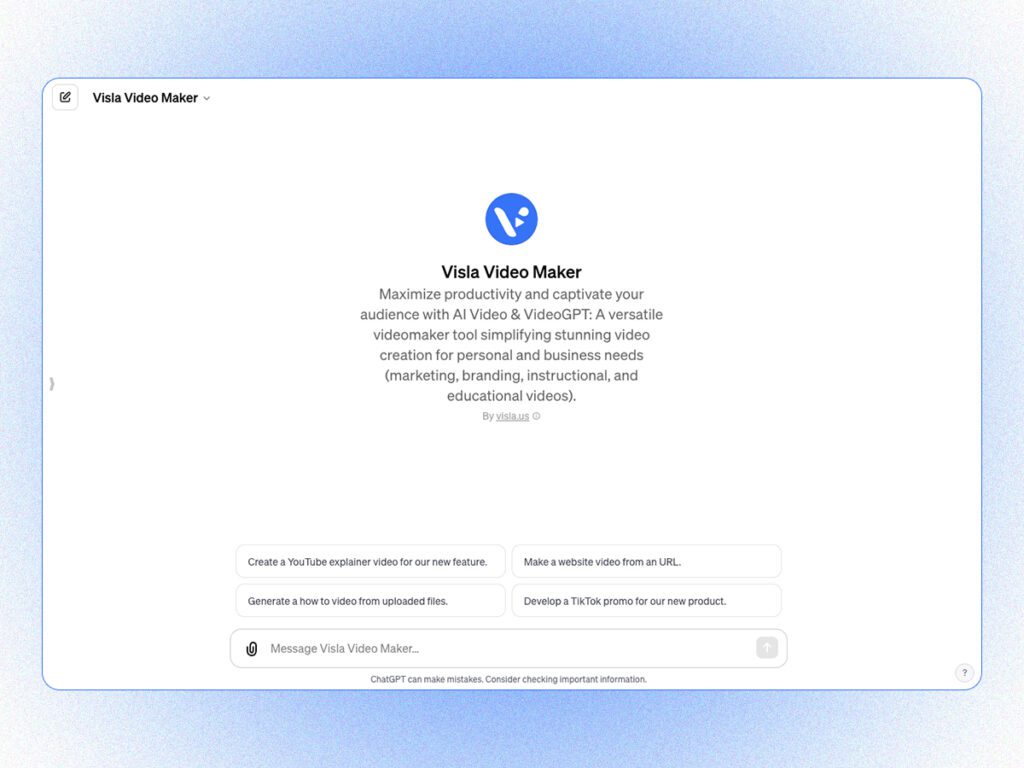 A stylized screenshot of the Visla Video Maker GPT, an AI video creation tool on OpenAI's GPT Store.