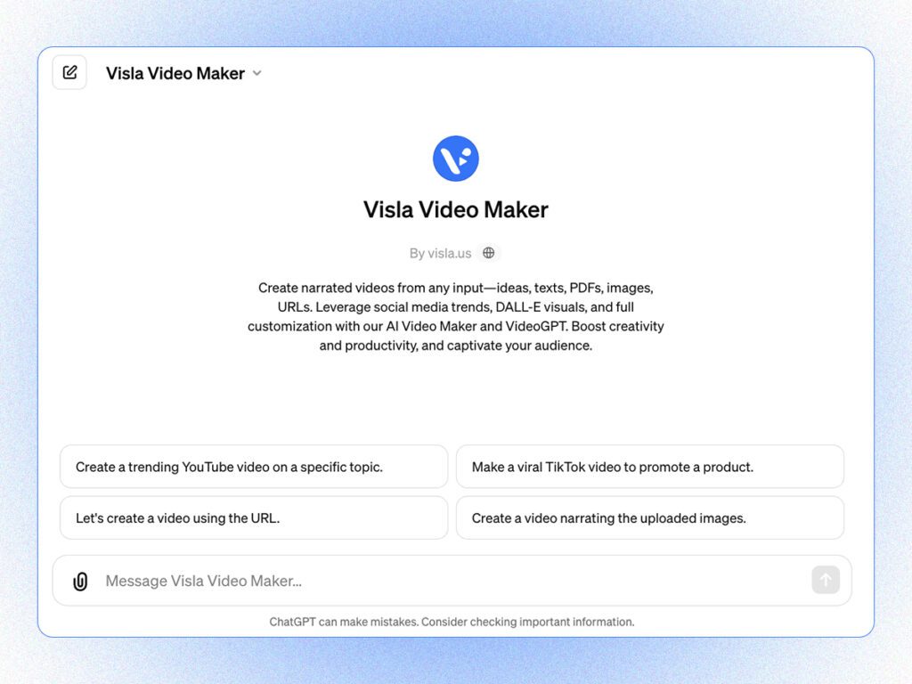 A stylized screenshot of the Visla Video Maker GPT interface, a means of AI video creation. 