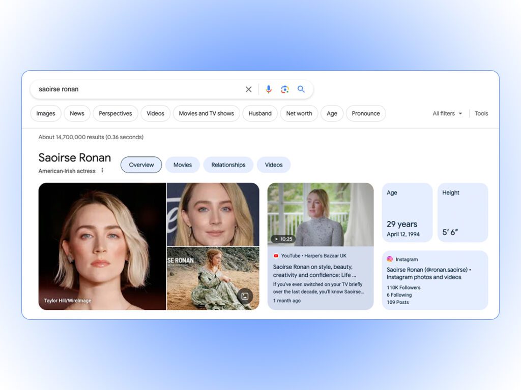 A stylized screenshot of a zero-click search, an important aspect of marketing in 2024, featuring actress Saoirse Ronan.