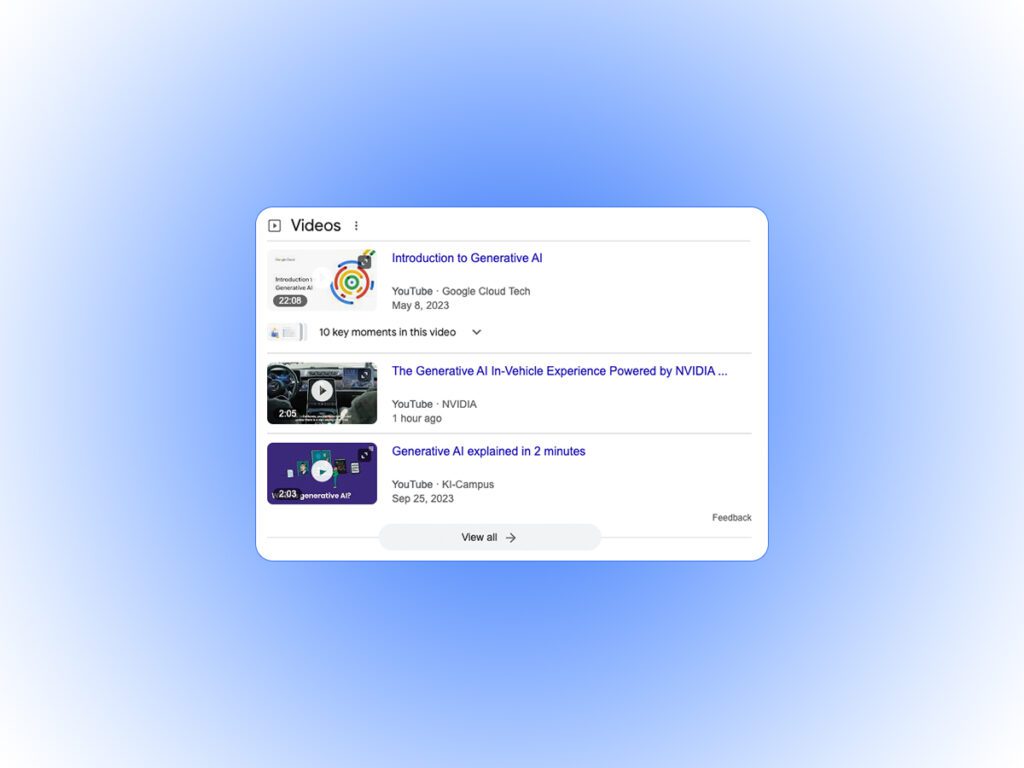 A stylized screenshot of video results appearing in a Google SERP, an important aspect of marketing in 2024.