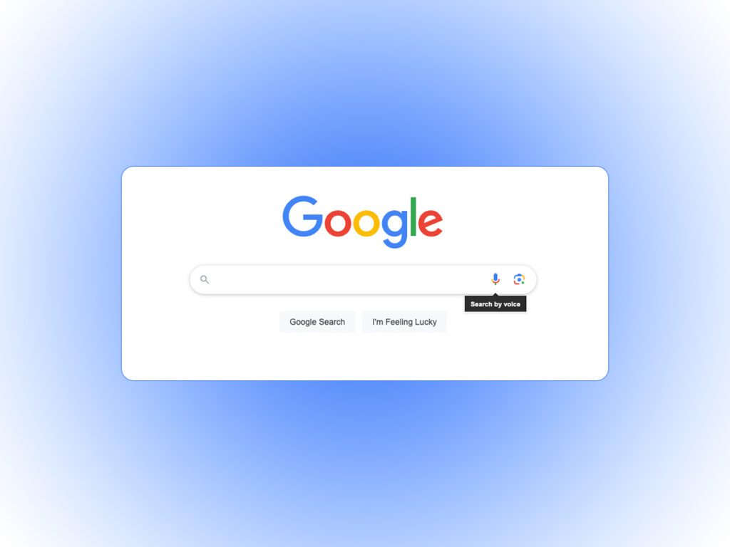A stylized screenshot of the Google search box, highlighting the "Search by voice" feature, an important aspect of marketing in 2024. 