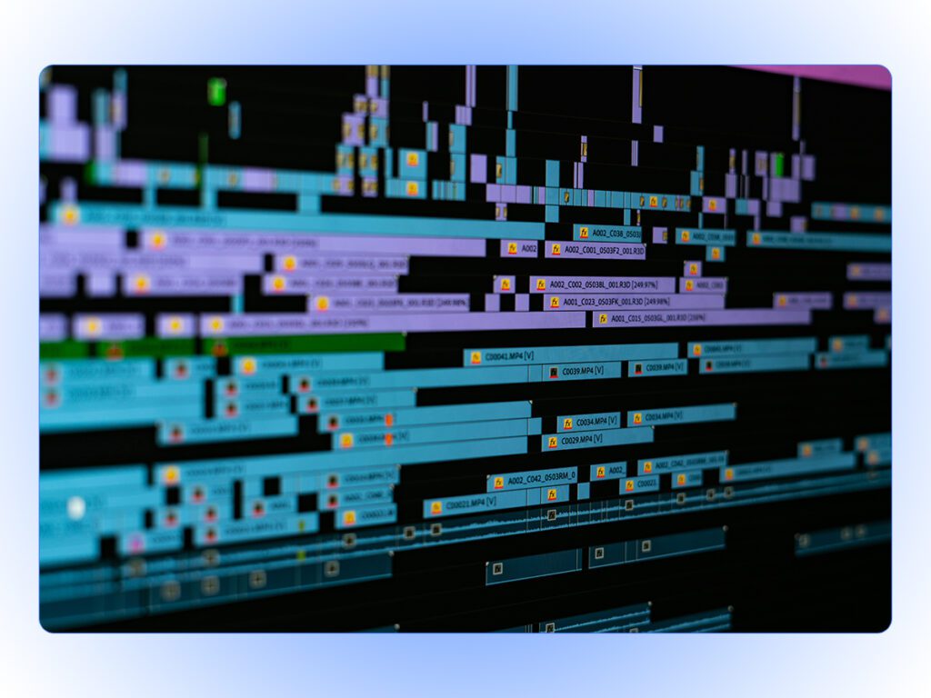 A stylized screenshot of a traditional video editing timeline, in contrast with an AI video editor. 