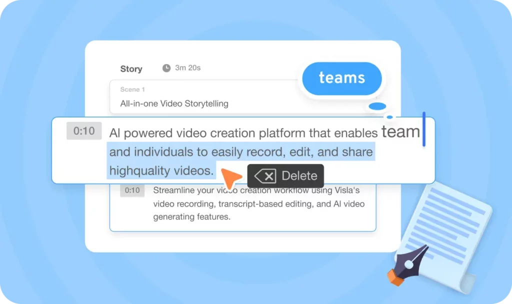 A stylized screenshot of Visla's text-based editing UI. 
