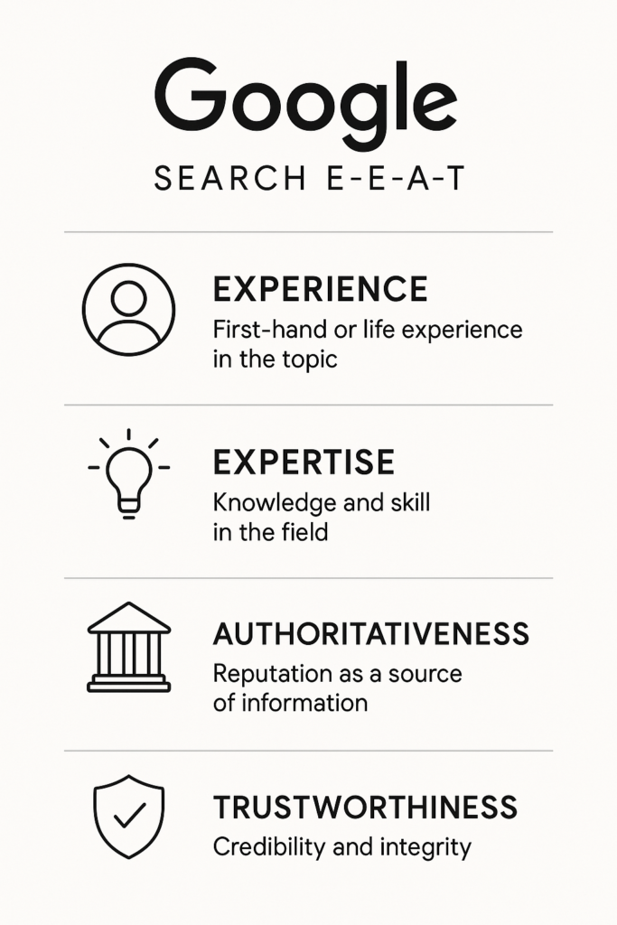 Alt-text: Infographic titled "Google Search E-E-A-T" explaining four key content quality factors: Experience (first-hand or life experience in the topic), Expertise (knowledge and skill in the field), Authoritativeness (reputation as a source of information), and Trustworthiness (credibility and integrity). Icons accompany each term.