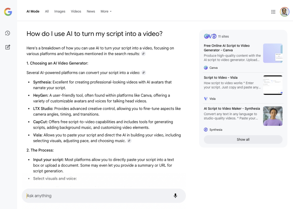 Alt-text: Screenshot of a Google AI Mode page explaining how to turn a script into a video using AI tools. It lists platforms including Visla, along with brief descriptions. A sidebar highlights related tools and links from sites such as Visla.