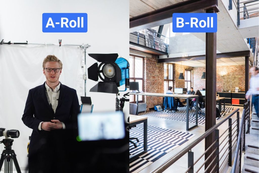 Split-screen comparison labeled “A-Roll” and “B-Roll.” The left shows a man speaking to a camera in a studio, while the right shows a wide view of a modern open-plan office.