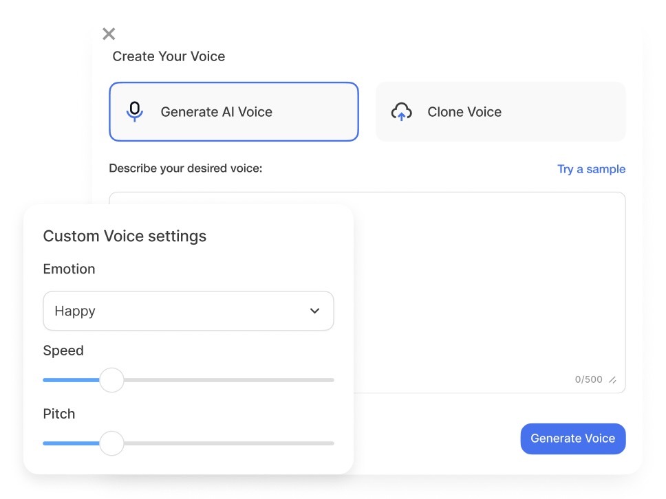 A screenshot of the create custom AI voice interface in Visla. 