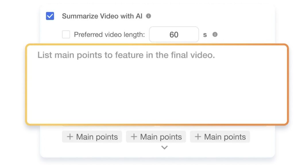 Visla AI video summarization tool showing "Summarize Video with AI" checkbox enabled, preferred video length set to 60 seconds, and a text field to list main points for the final video — ideal for repurposing long-form video content into short clips