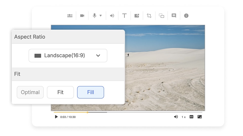 Visla video editor aspect ratio settings panel showing Landscape 16:9 format selected with Fill mode active, overlaying a desert landscape clip — demonstrating how to reformat video content for different platforms and screen sizes