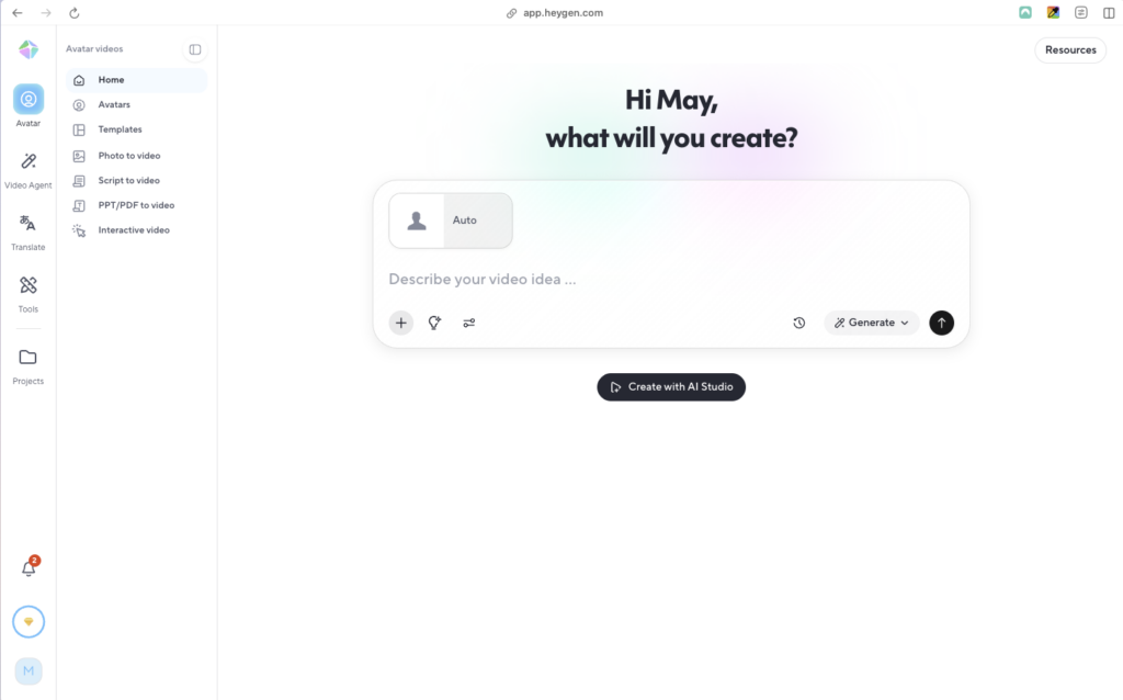 Screenshot of the HeyGen home screen displaying a personalized greeting "Hi May, what will you create?" with a video idea input field, an Auto avatar selector, and a "Create with AI Studio" button. The left sidebar includes navigation for Avatars, Templates, Photo to video, Script to video, PPT/PDF to video, and Interactive video.