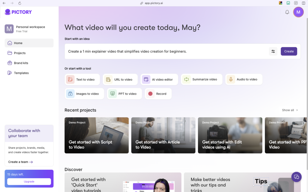Screenshot of the Pictory AI home screen with a purple gradient background and personalized heading "What video will you create today, May?" Features a text input pre-filled with "Create a 1 min explainer video that simplifies video creation for beginners." Below are tool options: Text to video, URL to video, AI video editor, Summarize video, Audio to video, Images to video, PPT to video, and Record. Recent demo projects are shown at the bottom.