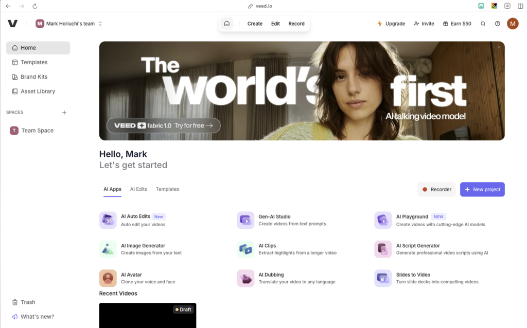Screenshot of the VEED.io home screen for May Horiuchi's team workspace. A banner promotes "VEED fabric 1.0 – The world's first AI talking video model." The AI Apps tab is active, listing tools including AI Auto Edits, Gen-AI Studio, AI Playground, AI Image Generator, AI Clips, AI Script Generator, AI Avatar, AI Dubbing, and Slides to Video.