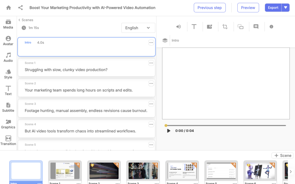 Screenshot of Visla's video editor showing a project titled "Boost Your Marketing Productivity with AI-Powered Video Automation," with a scene list on the left, a preview panel on the right, and a filmstrip of auto-generated scene thumbnails along the bottom.