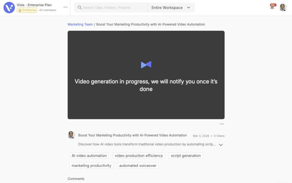 Screenshot of the Visla Enterprise workspace showing the completed video project page titled "Boost Your Marketing Productivity with AI-Powered Video Automation," with a dark video player displaying a "Video generation in progress" message, auto-generated tags, and a comments section below.