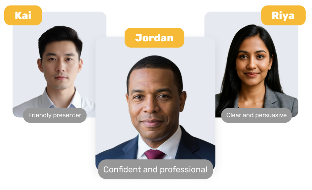 Three AI avatar presenter options labeled Kai, Jordan, and Riya, showing different presentation styles: friendly, confident and professional, and clear and persuasive.