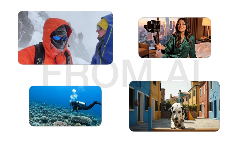 Collage of AI-generated b-roll examples, including climbers in snowy mountains, a woman filming a vlog, a scuba diver over coral, and a dog walking down a colorful street.