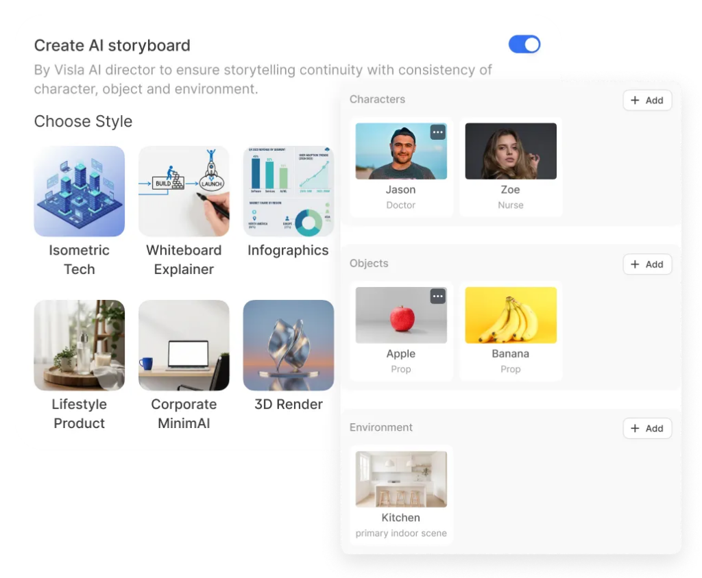 Visla AI Director Mode interface showing storyboard setup with selectable visual styles and panels for adding characters, objects, and environments.