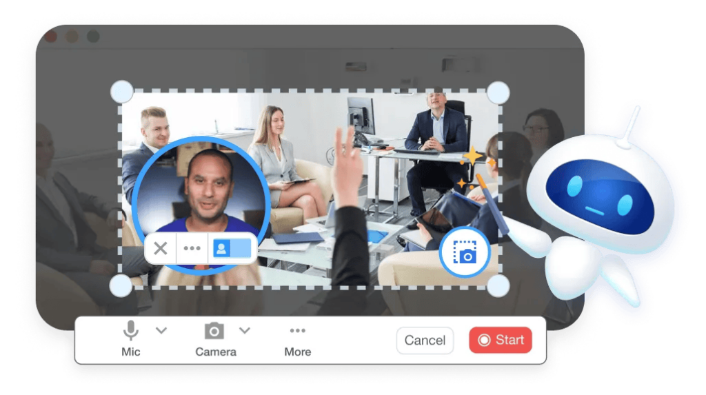 Visla AI screen recording interface showing a selected screen area over a business meeting, a presenter webcam bubble, annotation and camera tools, a recording toolbar, and a Visla robot mascot beside the window.