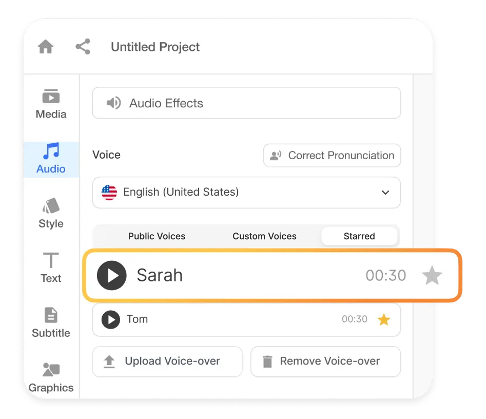 Voice settings panel showing English voice selection, public and custom voice tabs, starred voices, and options to upload or remove a voice-over.