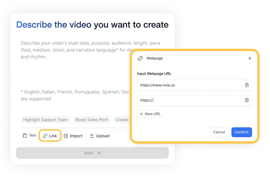 Webpage-to-video creation screen with a text prompt area and a pop-up window for entering webpage URLs to generate a video draft.