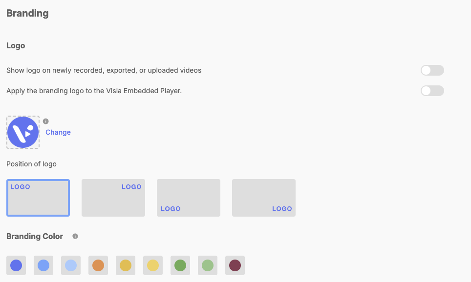 Branding settings screen with logo controls, logo placement options, branding color choices, and toggles for applying branding to videos and the embedded player.
