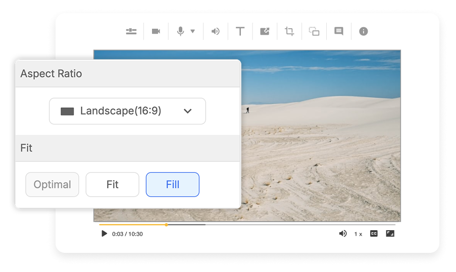 Video editor view with an aspect ratio menu set to landscape 16:9 and fit options for adjusting how the video fills the frame.