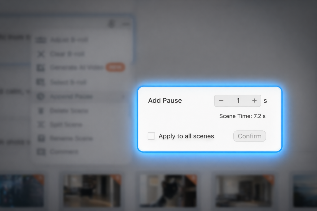 Visla interface with the “Add Pause” dialog highlighted in blue glow over a blurred editing screen, showing controls to add a 1-second pause, scene time of 7.2 seconds, an “Apply to all scenes” checkbox, and a disabled Confirm button.