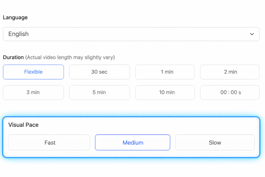 Visla settings panel showing Language, Duration, and the “Visual Pace” section highlighted in blue, with Fast, Medium, and Slow options displayed and Medium selected.