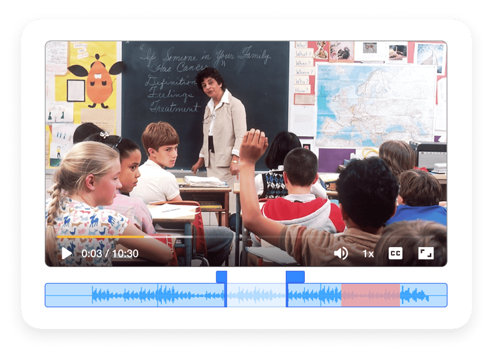 Video player showing a classroom lesson with students and a teacher, with an editing waveform timeline underneath to represent education videos created from screen and camera recordings.
