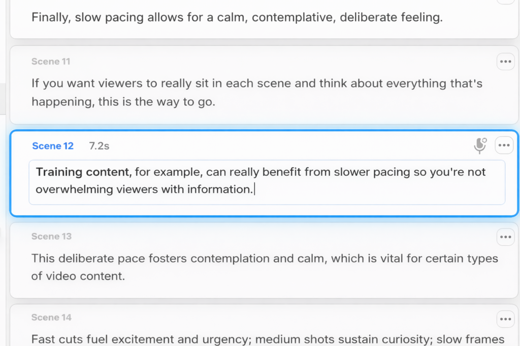 Visla scene based editor with a scene highlighted in blue, showing editable on-screen text about training content benefiting from slower pacing and a scene duration of 7.2 seconds.