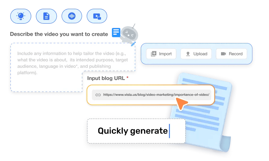 Visla video creation interface for LinkedIn content, showing a blog URL input field, import and upload options, and a prompt to quickly generate a short business video.