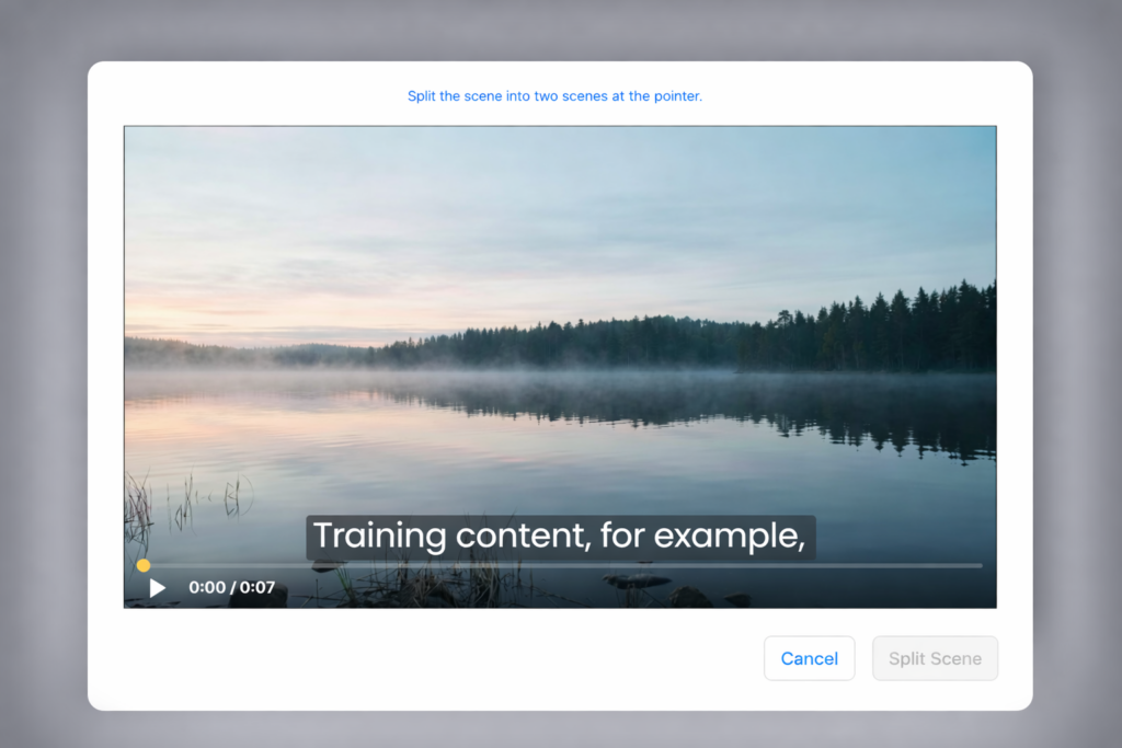 Visla split scene window displaying a tranquil lake video preview with subtitles reading “Training content, for example,” a timeline scrubber at the bottom, and buttons for Cancel and Split Scene.