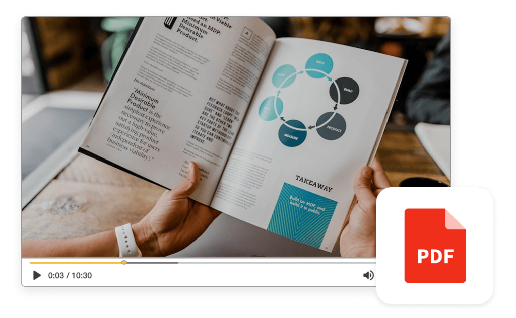 Mockup of a video player displaying an open PDF-style document, paired with a large PDF icon to represent turning static onboarding documents into video content.