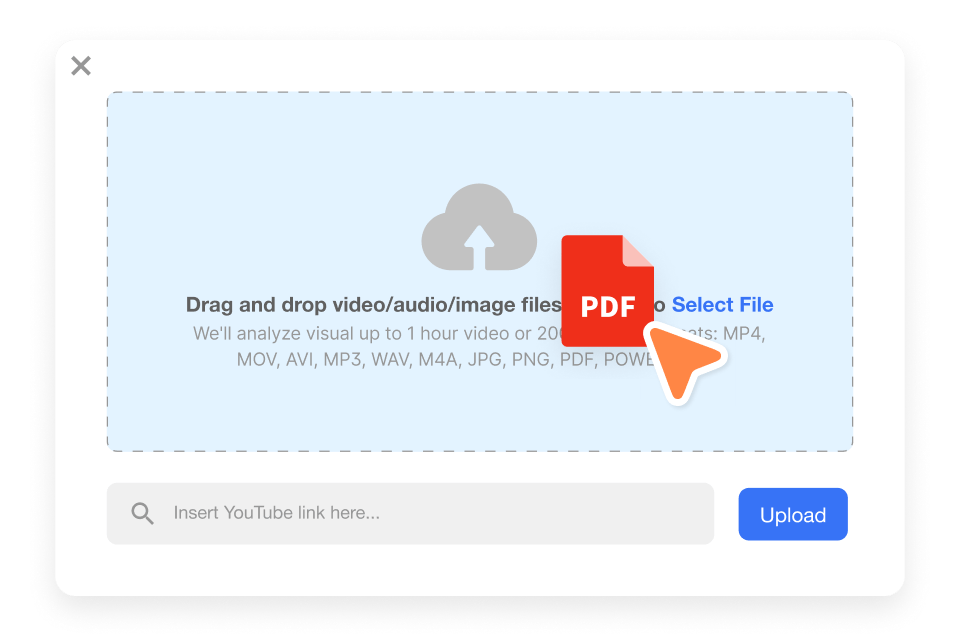 Visla upload screen with a drag-and-drop file area and a PDF icon, illustrating how teams can upload documents and convert training materials into videos.
